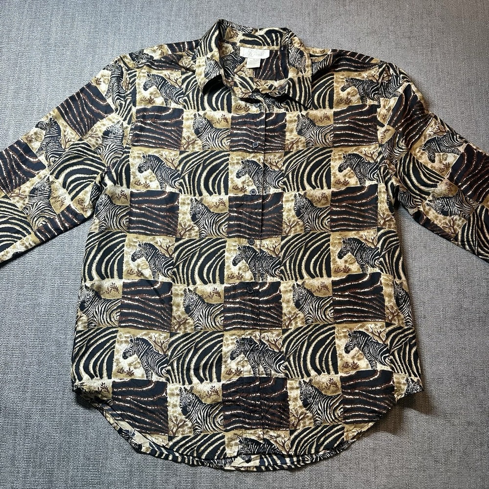 Vintage‎ K Arnold Silk Zebra Print Blouse Womens M Brown Black Top